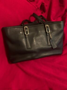 Coach Black Leather Shoulder Tote with Gold Hardware and Tag
